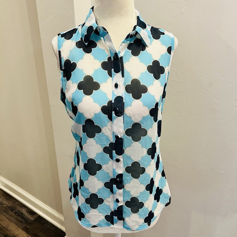Banana Republic Women's Sleeveless Turquoise Navy Sheer Blouse Sz 4 (A0127)